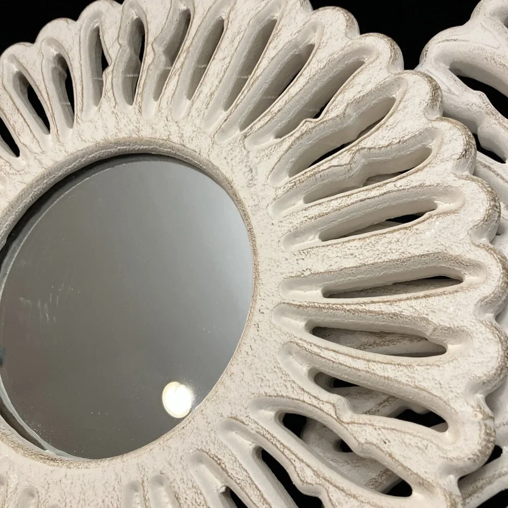 2 Antiqued White Distressed Rosin Decorative Accent Sunburst Wall Mirrors 10”